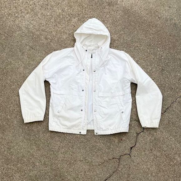 Vintage Jackets & Blazers - 90s Vintage Minimal White Cotton Field Coat Hooded Jacket Medium Women’s
